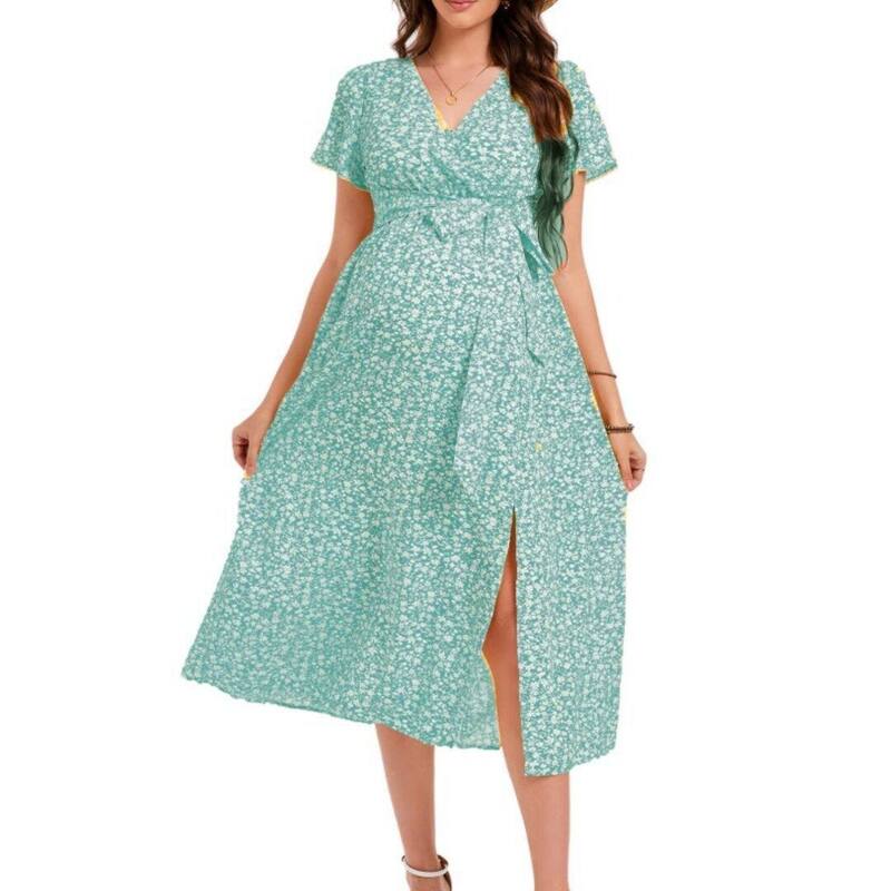 救い主流行り物 レディース トップス 衣装 Vのど首 フラウンス MIDI マタニティ Yesfashion Maternity Midi Dress V Neck Short Sleeve High Low Split Ruffle Pregnancy Dress with Belt Green 緑であること