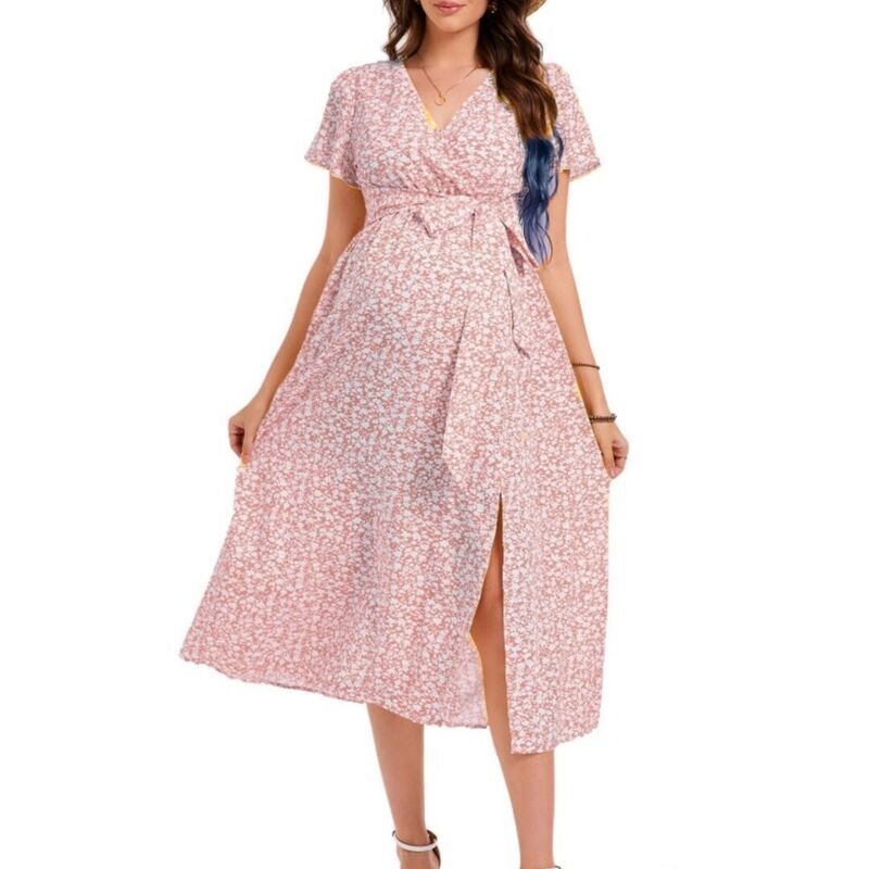 救い主流行り物 レディース トップス 衣装 Vのど首 フラウンス MIDI マタニティ Yesfashion Maternity Midi Dress V Neck Short Sleeve High Low Split Ruffle Pregnancy Dress with Belt Pink サクラ色