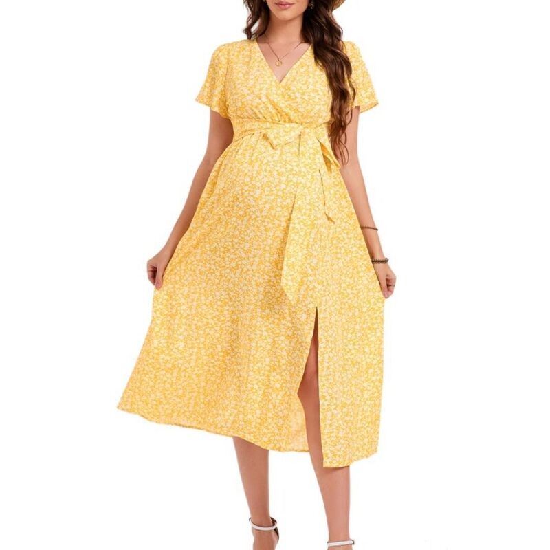 救い主流行り物 レディース トップス 衣装 Vのど首 フラウンス MIDI マタニティ Yesfashion Maternity Midi Dress V Neck Short Sleeve High Low Split Ruffle Pregnancy Dress with Belt Yellow 黄色