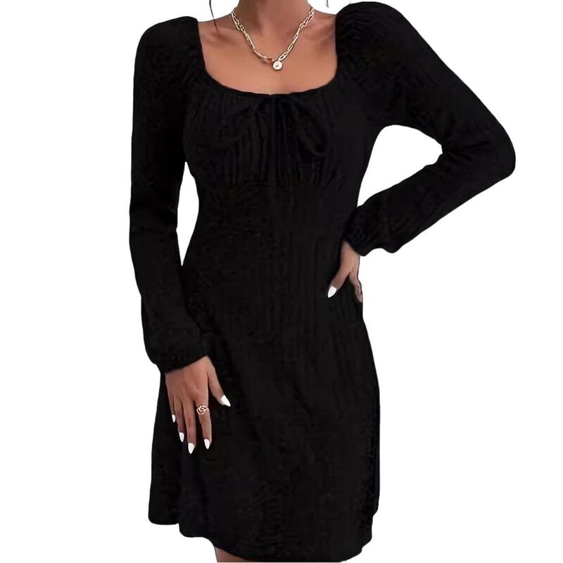 セオリア レディース トップス 衣装 肋材 ミニ スウェーター 編み物 Seoria Women\u0027square Neck Fallong Sleeve Mini Dress Tie Front Ribbed Knit Sweater Dress Black 黒いこと