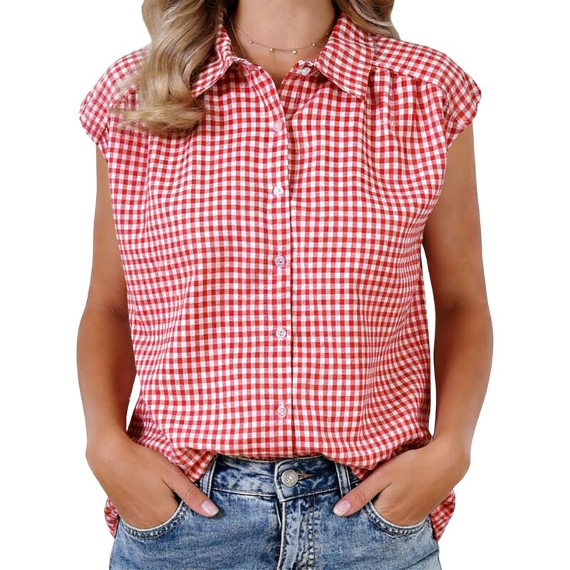 インスパイア 今めかしい レディース トップス プルオーバー ヴィンテージ トップ INSPIRE CHIC Summer Check Top for Women\u0027s 1950s Vintage Button Up Dressy Casual Blouse Red 赤いこと