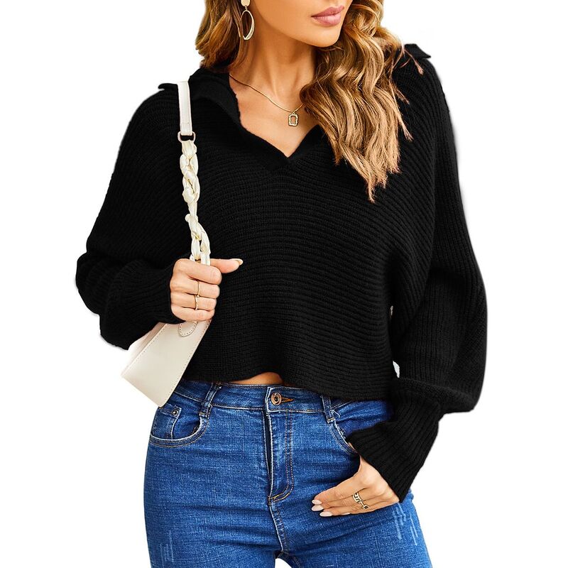 エリートスピリット レディース アウター ニット・セーター Vネック ポロシャツ EliteSpirit Women Soild Polo V Neck Long Puff Batwing Sleeve Knitwear Pullover Sweater Jumper Tops Black ブラック｜ReVida 店 8,985円