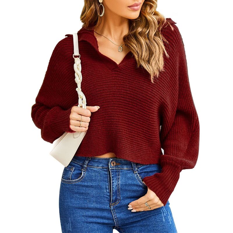 エリートスピリット レディース アウター ニット・セーター Vネック ポロシャツ EliteSpirit Women Soild Polo V Neck Long Puff Batwing Sleeve Knitwear Pullover Sweater Jumper Tops Date Red レッド｜ReVida 店