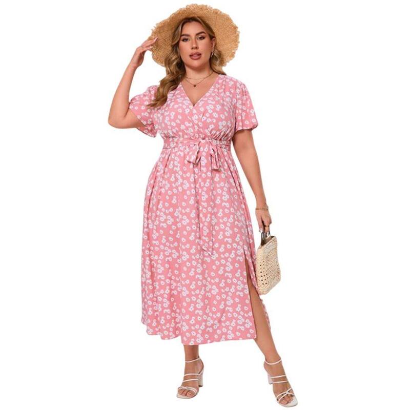救い主流行り物 レディース トップス 衣装 A 生産ライン 足し加える大きさ 帝国 マキシ Yesfashion Womens Plusize Wrap Maxi Dresshort Flutter Sleeves Empire Waist Side Split a Line Casual Dress Pink サクラ色
