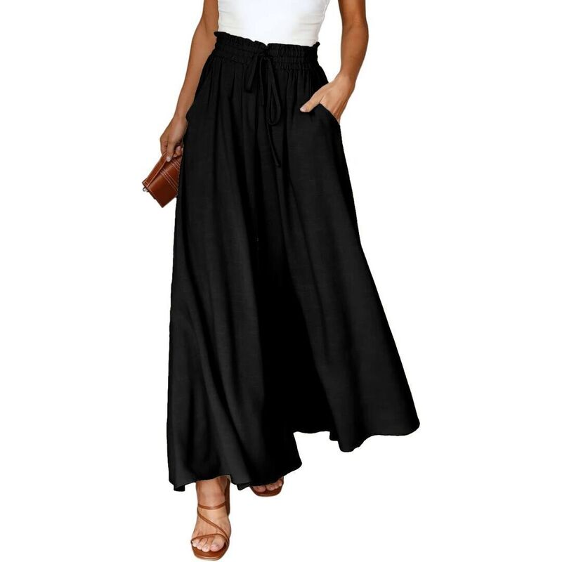 救い主流行り物 レディース ボトムス 心地よいズボン下 ワイドレッグ Yesfashion Pants for Women Casual Elastic Waist Flowy Wide Leg Pants with Pockets Black 黒いこと