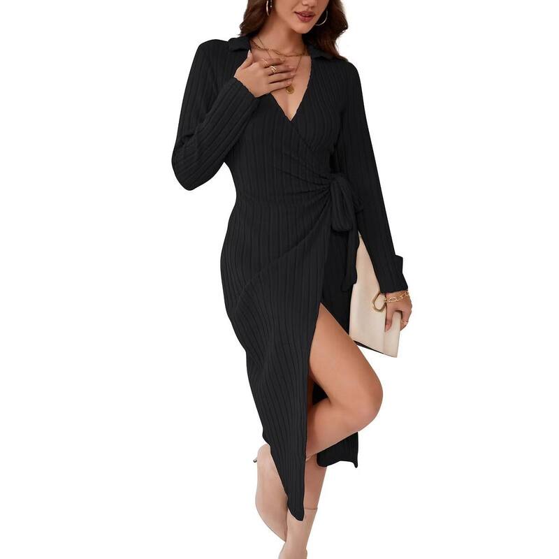 セオリア レディース トップス 衣装 Vのど首 非対称 スウェーター 編み物 Seoria Women\u0027s V-Neck Asymmetric Knit Dress - Long Sleeve Belted Sweater Dress Black 黒いこと