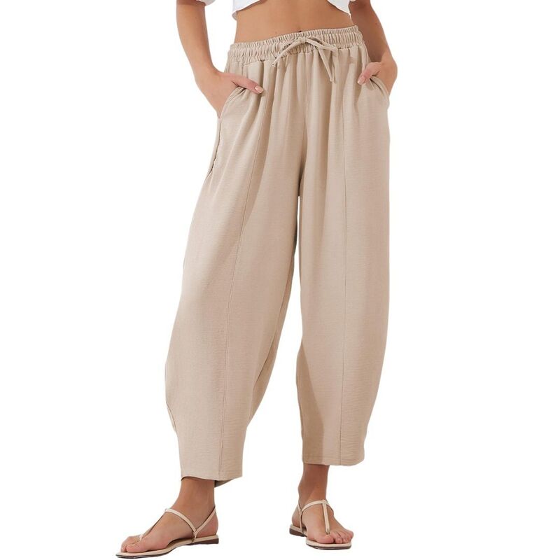 救い主流行り物 レディース ボトムス 心地よいズボン下 アンクル Yesfashion Womens High Waisted Baggy Drawstring Elastic Waisted Anklength Palazzo Casual Pants with Pockets Apricot 杏