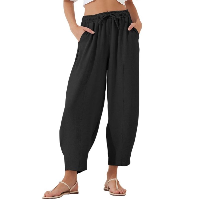 救い主流行り物 レディース ボトムス 心地よいズボン下 アンクル Yesfashion Womens High Waisted Baggy Drawstring Elastic Waisted Anklength Palazzo Casual Pants with Pockets Black 黒いこと