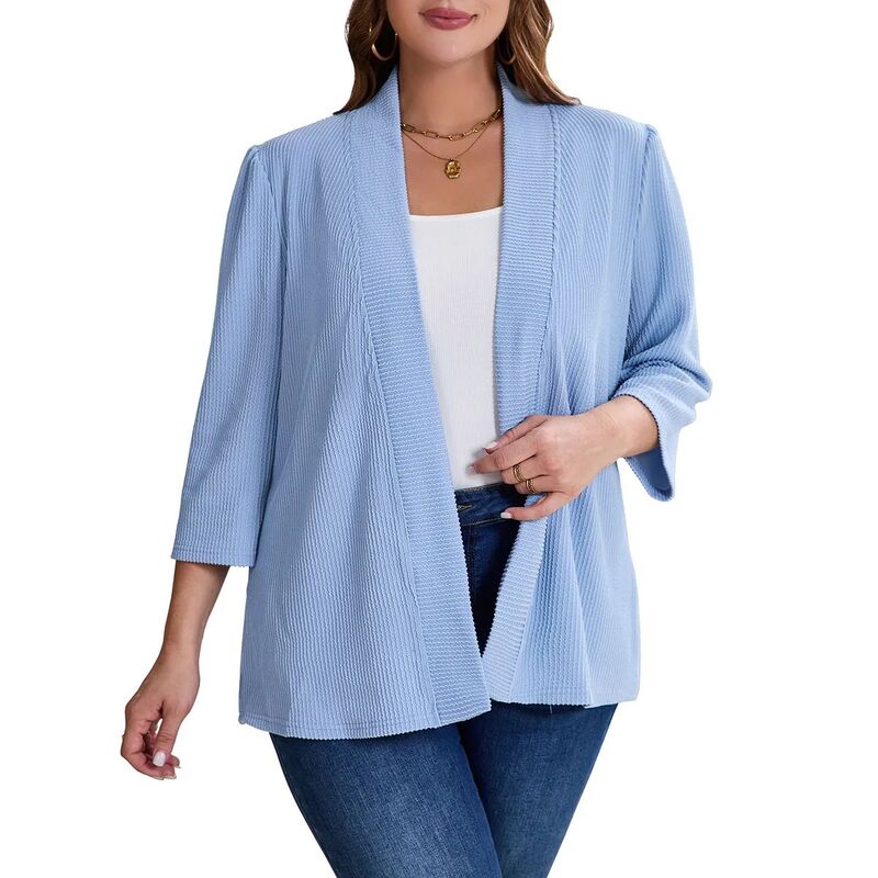 エリートスピリット レディース アウター ニット・セーター プラスサイズ カーディガン EliteSpirit Womens Plusize Cardigan Casual 3/4 Sleeve Waffle Knit Open Frontops Blue ブルー｜ReVida 店