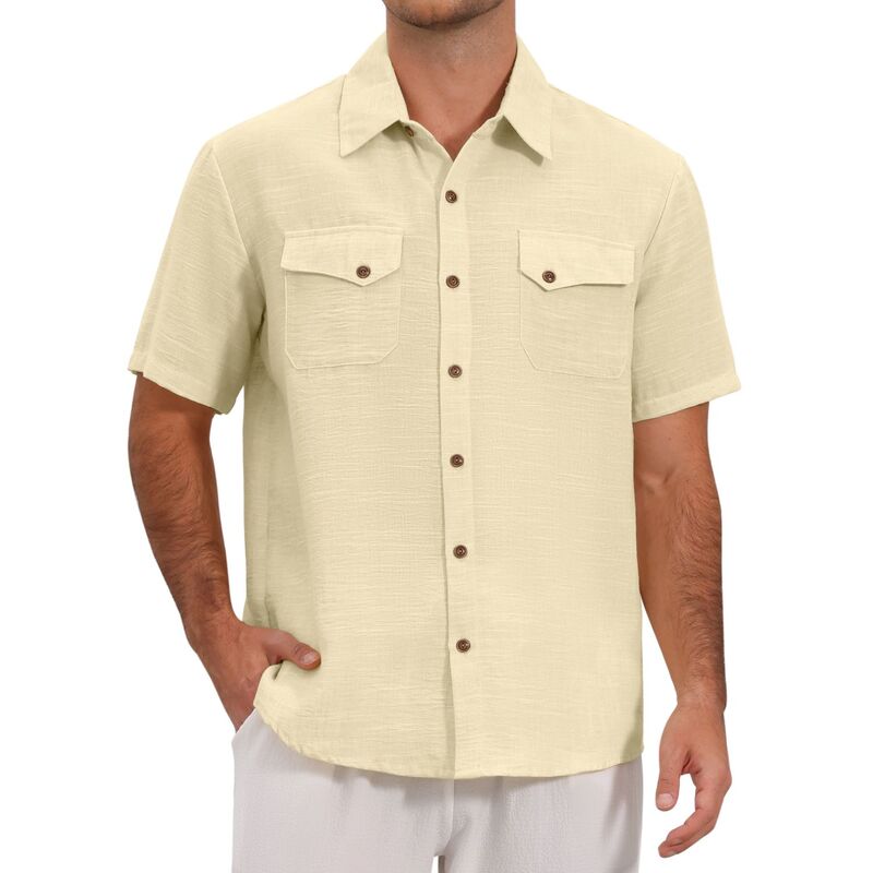 インスパイア シック レディース トップス Tシャツ リネン INSPIRE CHIC Men'summer Shirt Dual Chest Pocketshort Sleeve Breathable Linen Shirts Beige ベージュ|ReVida 店