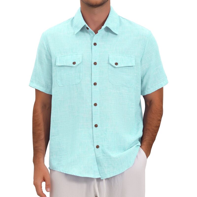 インスパイア シック レディース トップス Tシャツ リネン INSPIRE CHIC Men'summer Shirt Dual Chest Pocketshort Sleeve Breathable Linen Shirts Light Blue ブルー｜ReVida 店