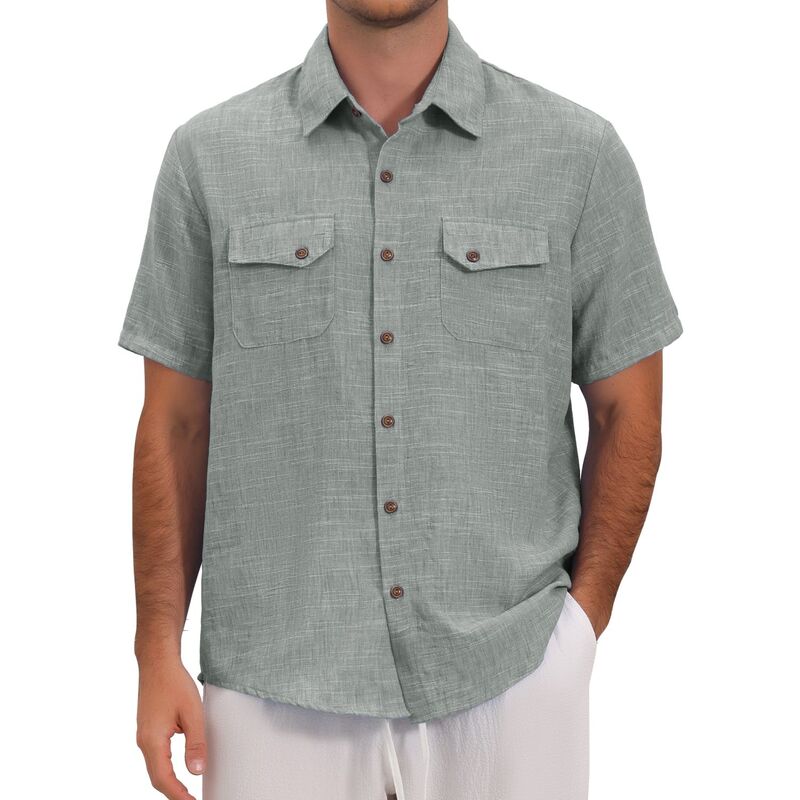 インスパイア シック レディース トップス Tシャツ リネン INSPIRE CHIC Men'summer Shirt Dual Chest Pocketshort Sleeve Breathable Linen Shirts Light Gray グレー｜ReVida 店