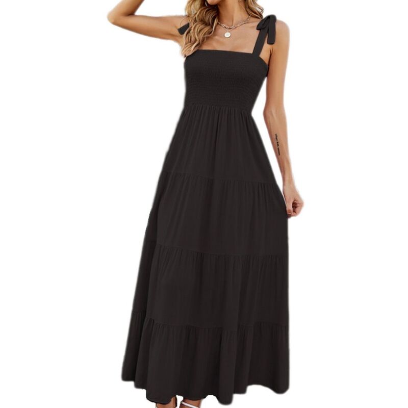 救い主流行り物 レディース トップス 衣装 フラウンス マキシ Yesfashion Women\u0027summer Boho Spaghetti Strap Tie Square Neck Ruffle Casual Flowy Long Dress Beach Maxi Dress Black 黒いこと