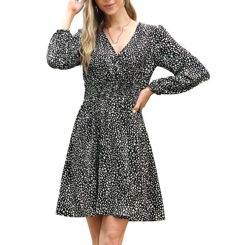 救い主流行り物 レディース トップス 衣装 Vのど首 刷り上げる MIDI Yesfashion Women\u0027s Long Sleeve V Neck Dresses Leopard Printing Casualoose Flowy Swing Midi Dress Black 黒いこと