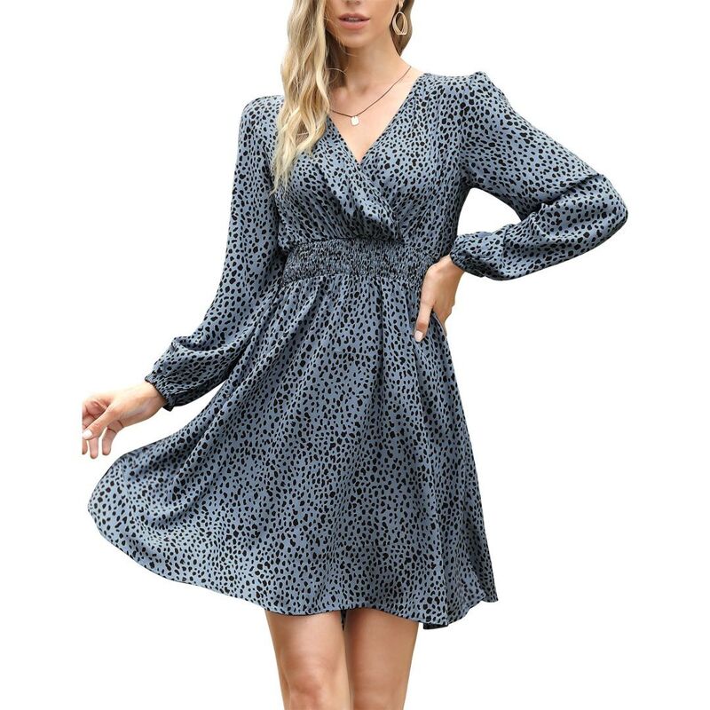 救い主流行り物 レディース トップス 衣装 Vのど首 刷り上げる MIDI Yesfashion Women\u0027s Long Sleeve V Neck Dresses Leopard Printing Casualoose Flowy Swing Midi Dress Blue 青色