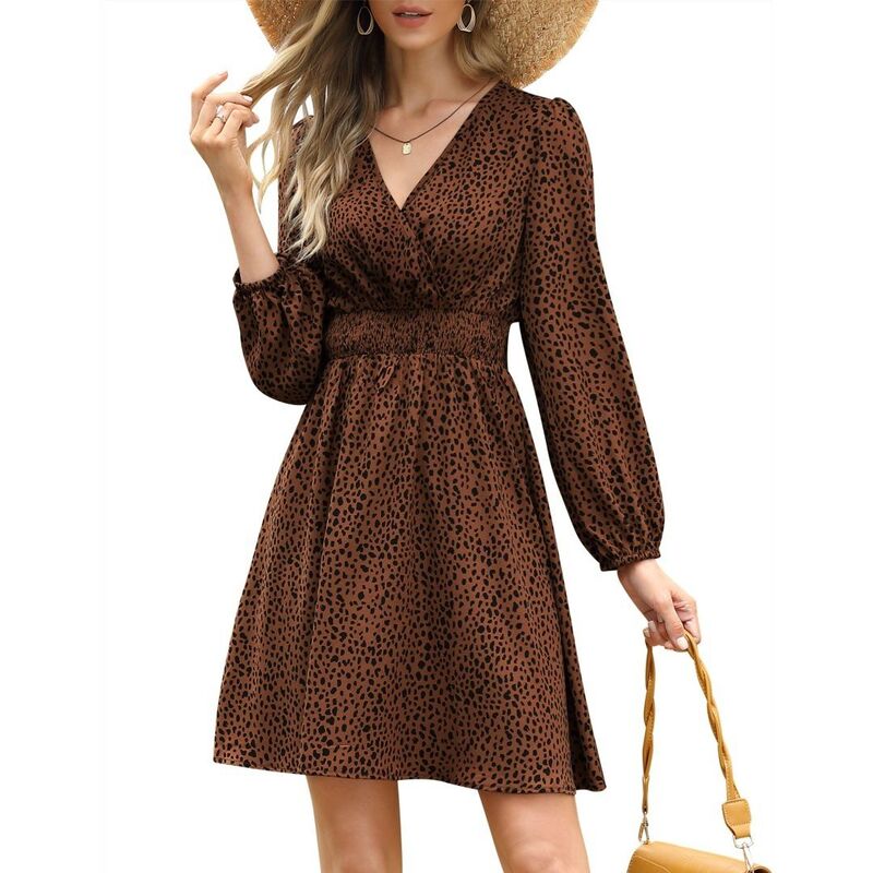 救い主流行り物 レディース トップス 衣装 Vのど首 刷り上げる MIDI Yesfashion Women\u0027s Long Sleeve V Neck Dresses Leopard Printing Casualoose Flowy Swing Midi Dress Brown 赤銅色