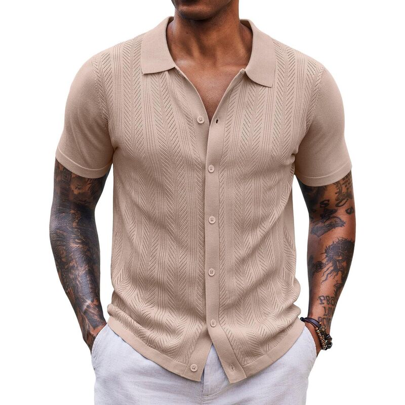 クーファンディ レディース トップス Tシャツ ボタンダウン ニット COOFANDY Mens Knit Shirtshort Sleeve Button Down Shirt Casual Summer Beach Shirts Khaki カーキ｜ReVida 店