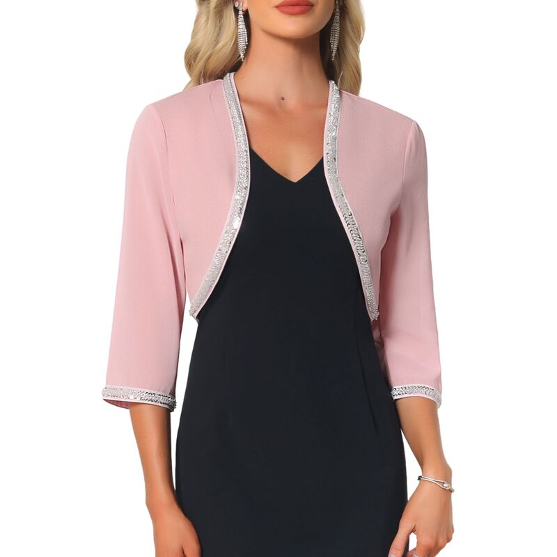 インスパイア シック レディース アウター ニット・セーター スパンコール INSPIRE CHIC Women's Evening Shurg Sequin Beaded Open Front Cocktail Formal Bolero Pink ピンク｜ReVida 店