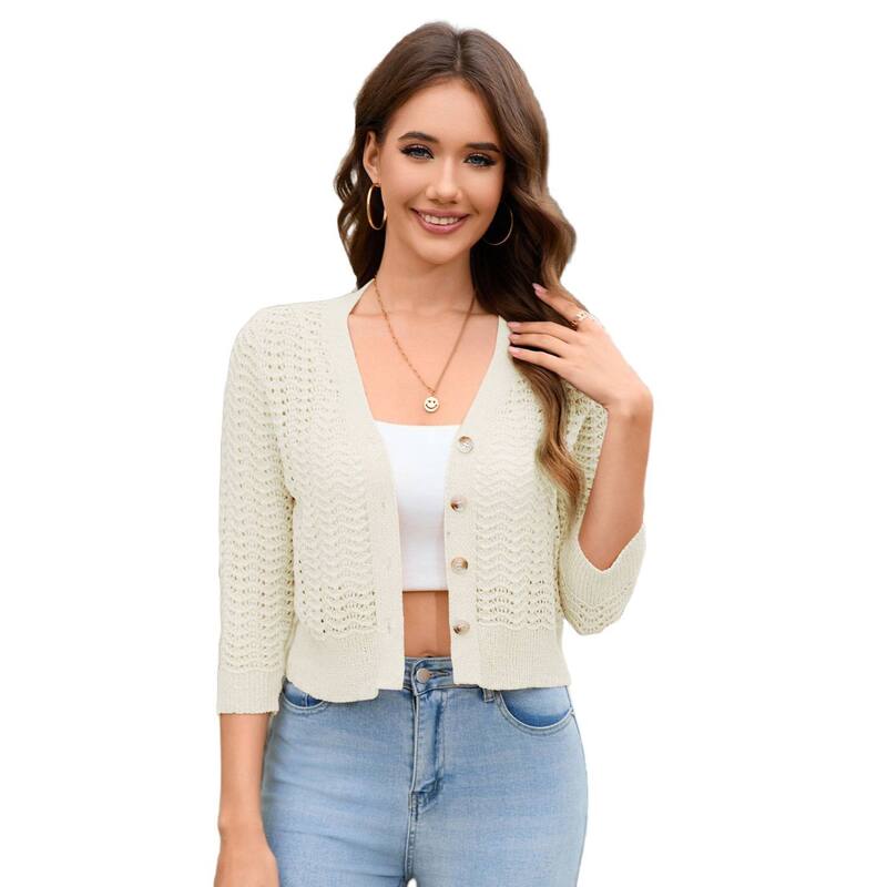 セオリア レディース アウター ニット・セーター Vネック カーディガン クロップド Seoria Womens Cardigan Lightweight Knit Sweater Crochet 3/4 Sleeve Cropped V Neck Button Shrug Tops Rice White ホワイト|ReVida 店