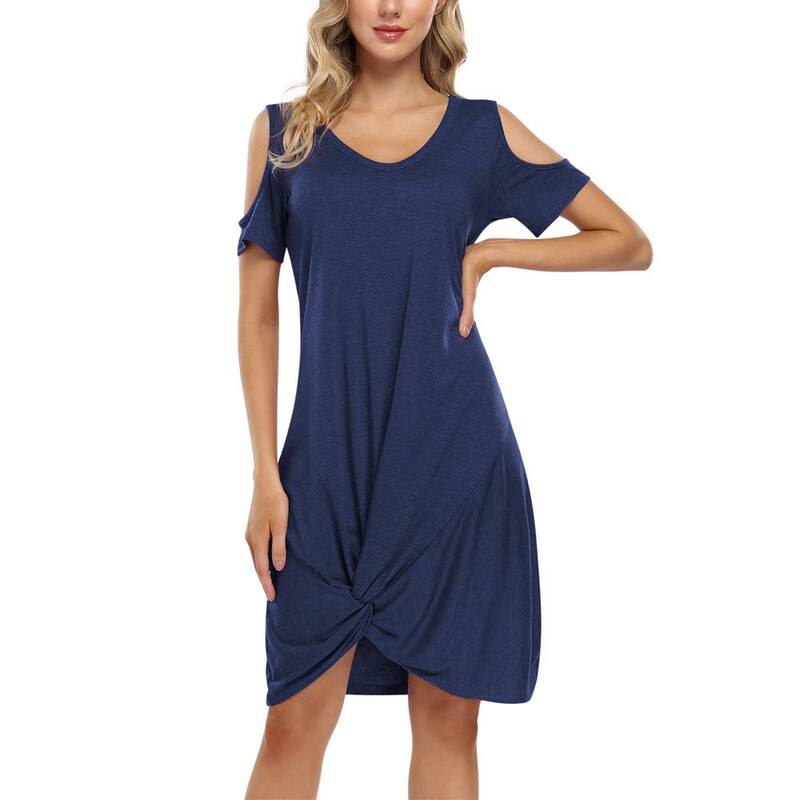 クリアフラワー レディース トップス ワンピース Vネック ミディ Tシャツ ClearFlower Women's Twist Front-Shirt Dress V-Neck Short Sleeve Casual Midi Dress Navy Blue ネイビー｜ReVida 店