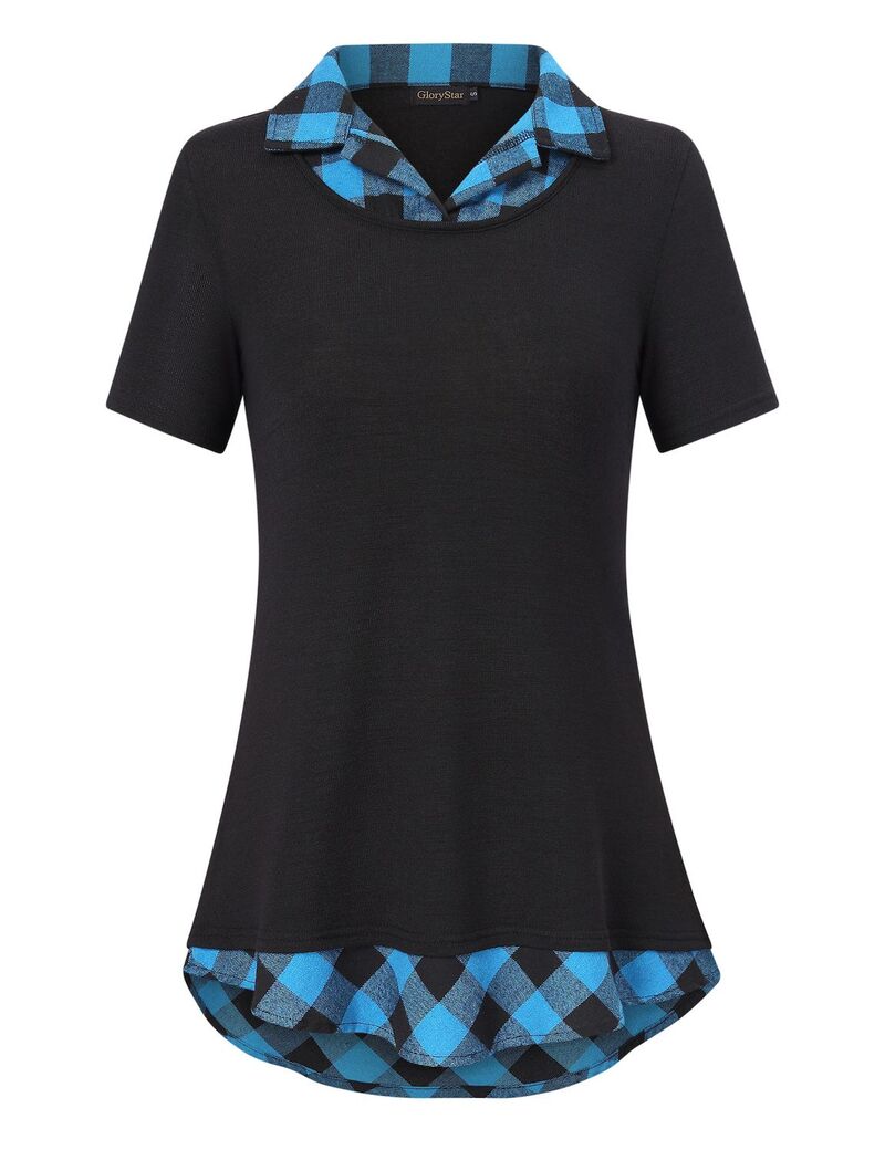 クリアフラワー レディース トップス シャツ パッチワーク コントラスト ブラウス ClearFlower Women'short Sleeve Contrast Collared Shirts Patchwork Plaid Work Blouse Tunics Tops Black With Blue Plaid ブラック|ReVida 店