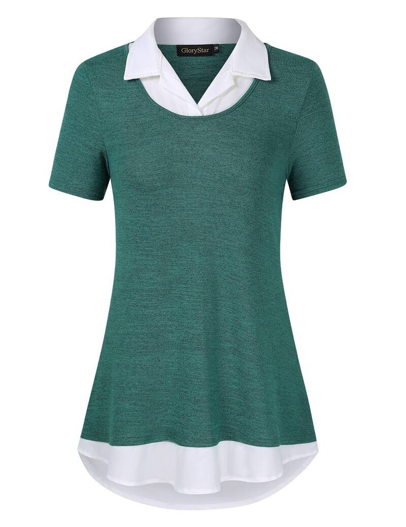 クリアフラワー レディース トップス シャツ パッチワーク コントラスト ブラウス ClearFlower Women'short Sleeve Contrast Collared Shirts Patchwork Plaid Work Blouse Tunics Tops Green グリーン|ReVida 店