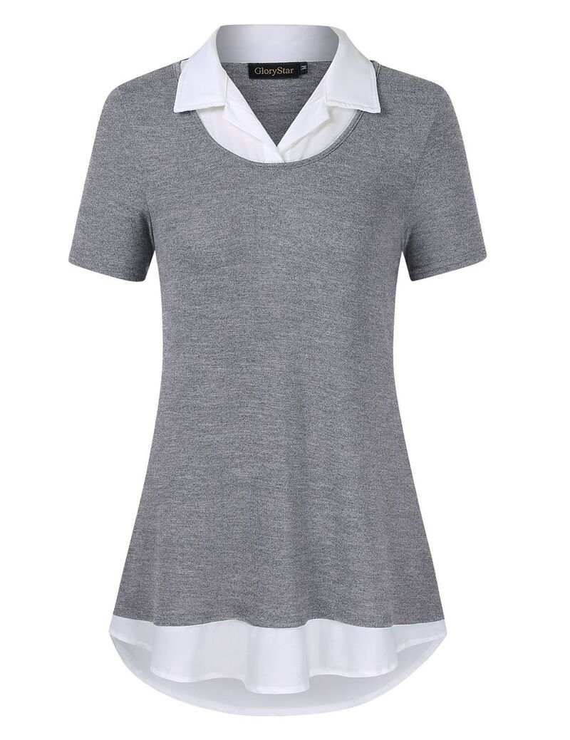 クリアフラワー レディース トップス シャツ パッチワーク コントラスト ブラウス ClearFlower Women'short Sleeve Contrast Collared Shirts Patchwork Plaid Work Blouse Tunics Tops Light Gray グレー|ReVida 店