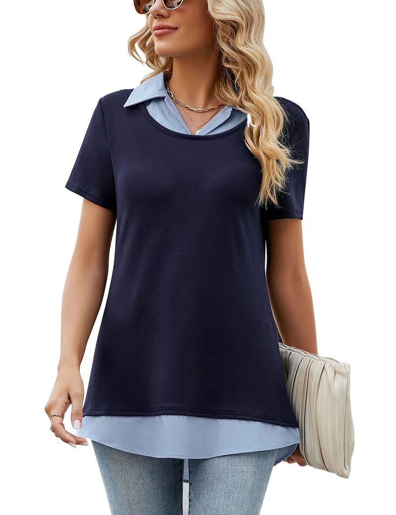 クリアフラワー レディース トップス シャツ パッチワーク コントラスト ブラウス ClearFlower Women'short Sleeve Contrast Collared Shirts Patchwork Plaid Work Blouse Tunics Tops Navy Blue ネイビー|ReVida 店