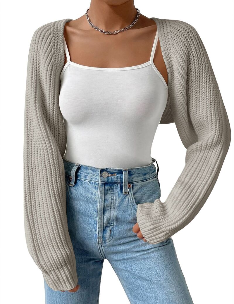マキシスマーチ レディース アウター ニット・セーター カーディガン Maxxis Merch Women's Knit Crop Cardigan Long Sleeve Open Front Shrug Sweater Cover-Up Light Grey グレー｜ReVida 店