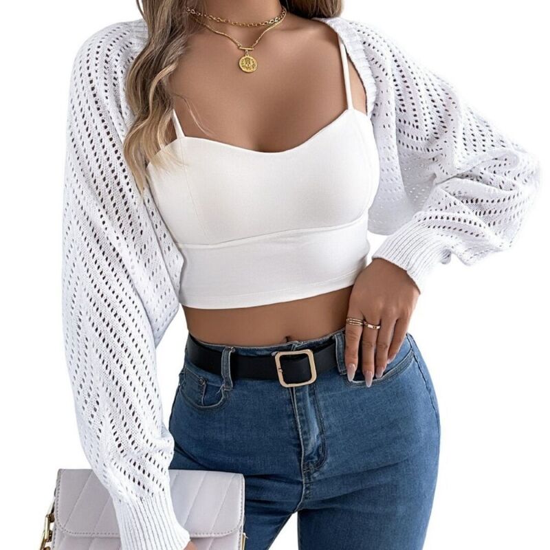 救世主流行り物 レディース アウター 編み物・スウェーター ジレー Yesfashion Women\u0027s Hollow Out Lantern Sleeve Sweaters Cardigan Open Front Knit Crop Top White 白いこと