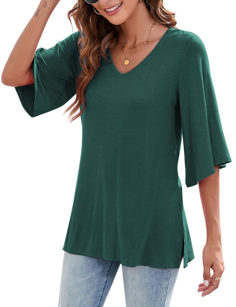 エリートチョイス レディース トップス Tシャツ Vネック フリル Elitechoice Women's T-shirt Ruffle Sleeve Tee Summer 3/4 Sleeve Shirt V Neck Casual Tops Dark Green グリーン|ReVida 店