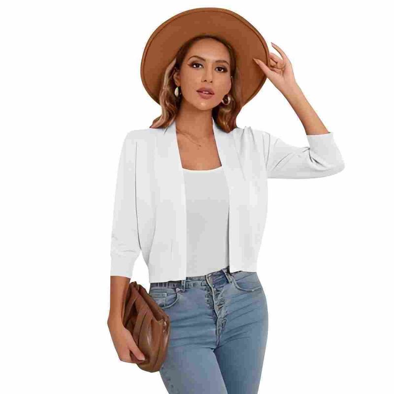 マキシスマーチ レディース アウター ニット・セーター カーディガン クロップド Maxxis Merch Women's Cropped Cardigan 3/4 Sleeve Open Front Shrug Casual Classic Solid Color sweater White ホワイト｜ReVida 店