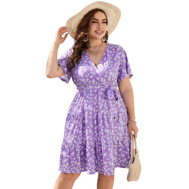イエスファッション レディース トップス ワンピース Vネック プラスサイズ ミディ Yesfashion Women Plusize V Neck Wrap Dress High Waisted Short Sleeves Casual Midi Dress with Belt Purple Flower パープル｜ReVida 店 8,736円