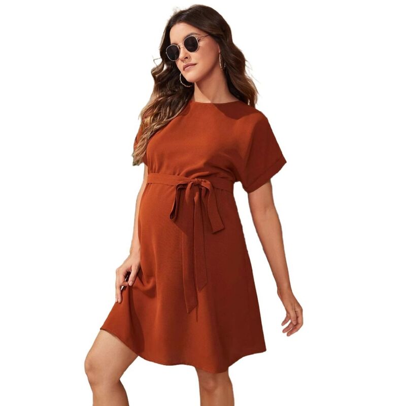 セオリア レディース トップス ワンピース クルーネック マタニティ Seoria Women Maternity Dresshort Sleeve Casual Crew Neck Pregnancy Dresses With Belt Red レッド｜ReVida 店