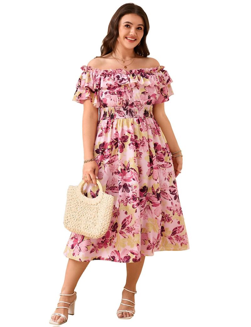 ファンジュライ レディース トップス ワンピース フラワー柄 プラスサイズ フラワー FUNJULY Women's Plusize Off The Shoulder Floral Cocktail Party Dress Pink ピンク｜ReVida 店