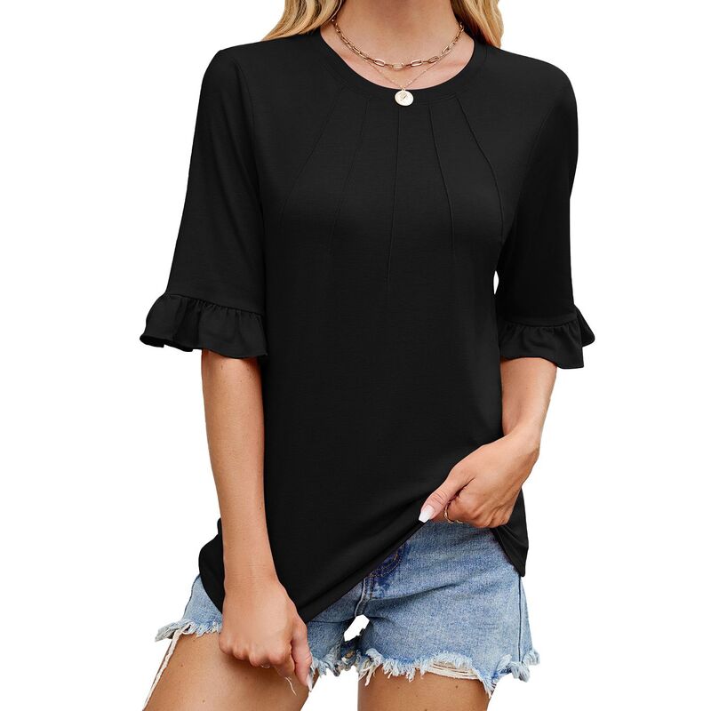 ファンジュライ レディース トップス シャツ フリル FUNJULY Buttery Soft Ruffle Sleeve Top Women's Half Sleeve Casual T-Shirt Black ブラック|ReVida 店