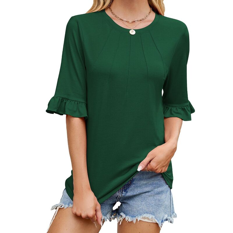 ファンジュライ レディース トップス シャツ フリル FUNJULY Buttery Soft Ruffle Sleeve Top Women's Half Sleeve Casual T-Shirt Dark Green グリーン|ReVida 店