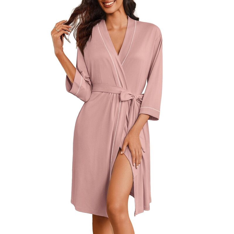 エコアー レディース アンダーウェア ナイトウェア ひざ丈 ニット Ekouaer Women Kimono Robe Knee Length Knit Bathrobe Lightweight 3/4 Sleeve Loungewear Soft Misty Rose｜ReVida 店