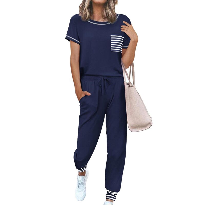 エコアー レディース アンダーウェア ナイトウェア パンツ 半袖 Ekouaer Women'soft Short-Sleeve Pajama Set with Long Pants Navy Blue ネイビー|ReVida 店