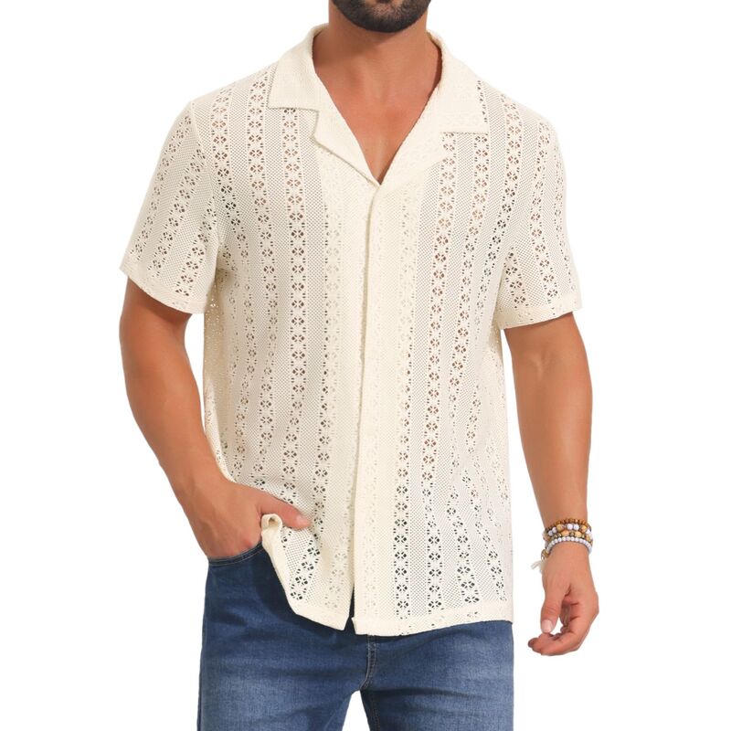 インスパイア シック レディース トップス Tシャツ ボタンダウン ニット INSPIRE CHIC Hawaiian Shirt for Men's Camp Collar Button Down Short Sleeve Textured Knitted Shirts Beige ベージュ｜ReVida 店