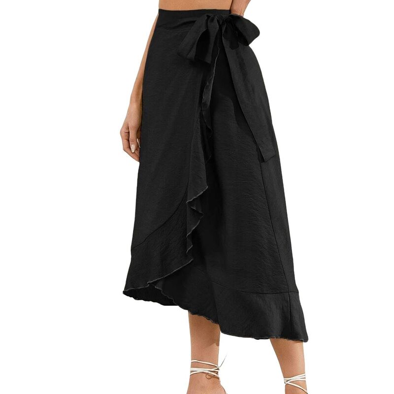 エリート肝ったま レディース 下つ方スコート フラウンス MIDI EliteSpirit Womens Wrap Midi Skirt Ruffled Hem Self-Tie Belt Designed Elegant Casual Skirts Black 黒いこと