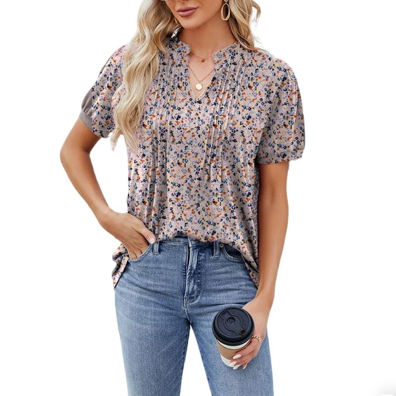 クリアフラワー レディース トップス シャツ Vネック フラワー柄 プリーツ プリント ブラウス ClearFlower Women's Ditsy Floral Print V-Neck Pleated Puff Short Sleeve Shirt Summer Casual Blouse Soft Shirt Pink Floral ピンク|ReVida 店