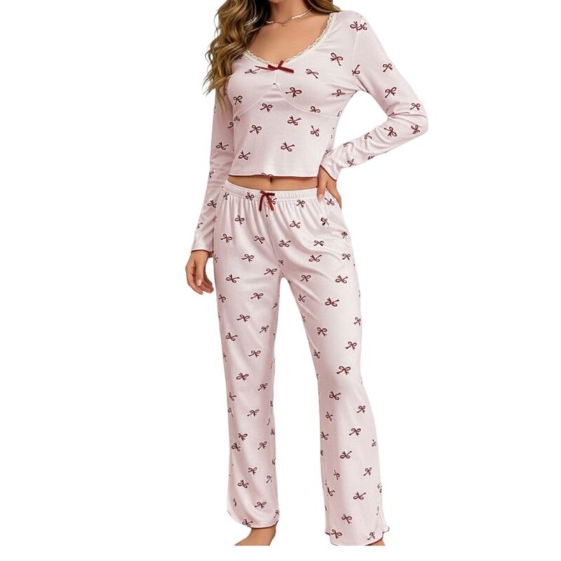 セオリア レディース アンダーお召しもの ナイト爵お召しもの 刷り上げる ズボン下 Seoria Women\u0027s 2 Piece Printed Long Sleeve Pajama Set With Bow Elastic Long Pants Comfortable Homewear Pink サクラ色