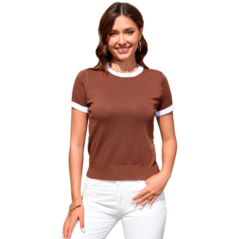 セオリア レディース トップス Tシャツ ニット Seoria Women Short Sleeve Top Casual Knit Color Block T Shirt Brown ブラウン｜ReVida 店