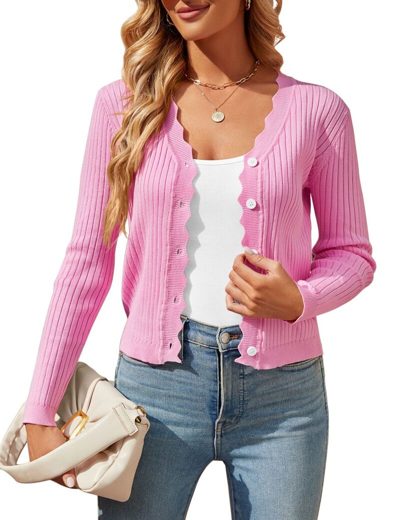 ファンジュライ レディース アウター ニット・セーター ボタンダウン カーディガン ダウン クロップド FUNJULY Womens Long Sleeve Cropped Cardigan Knit Button Down Sweatershrugs For Dress Pink ピンク｜ReVida 店 9,840円