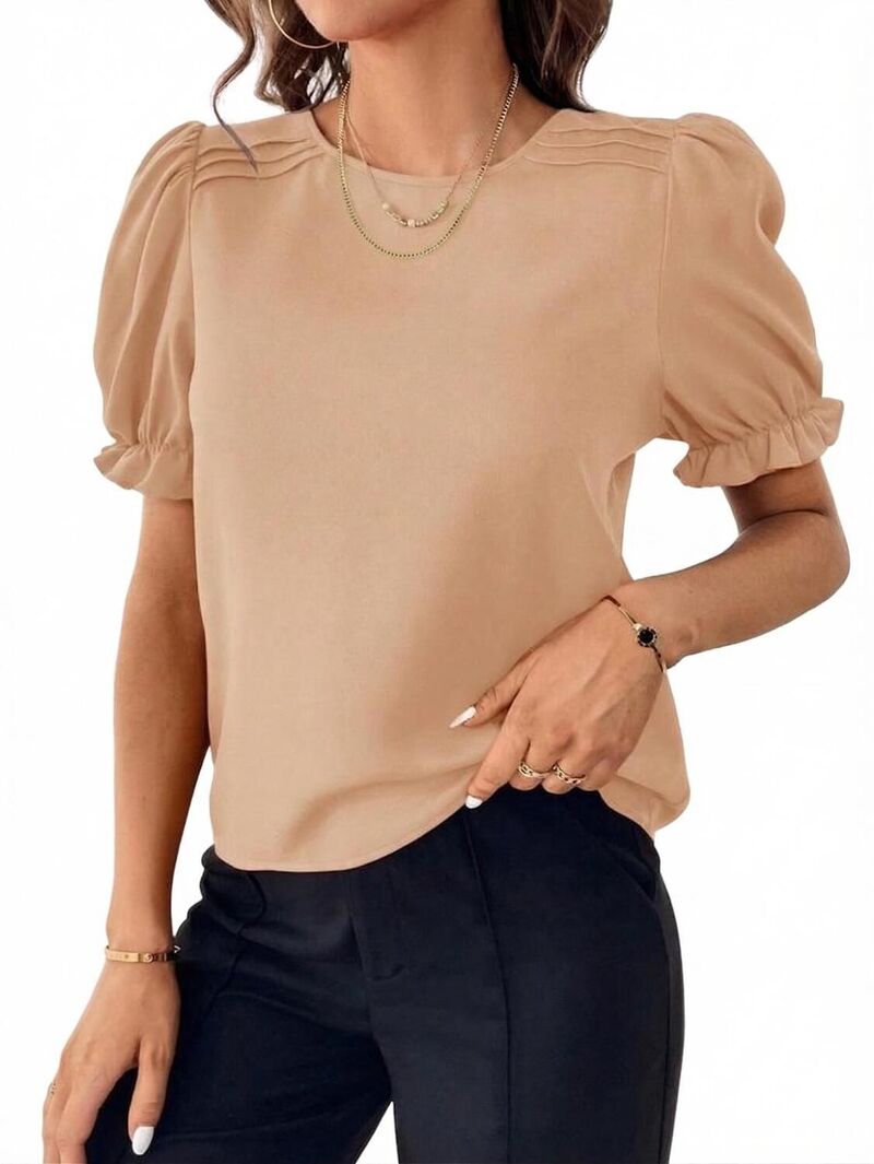 ファンジュライ レディース トップス シャツ ブラウス FUNJULY Women'short Sleeve Blouse Soft Classic Pure Color Casual Summer Top Apricot アプリコット|ReVida 店