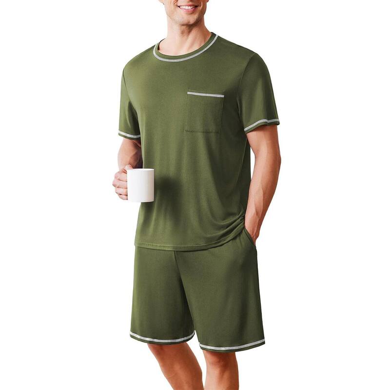 エコアー レディース アンダーウェア ナイトウェア ショートパンツ Ekouaer Men's Pajamaset Soft Sleepwear lightweight 2 Piece Shortset Army Green グリーン|ReVida 店