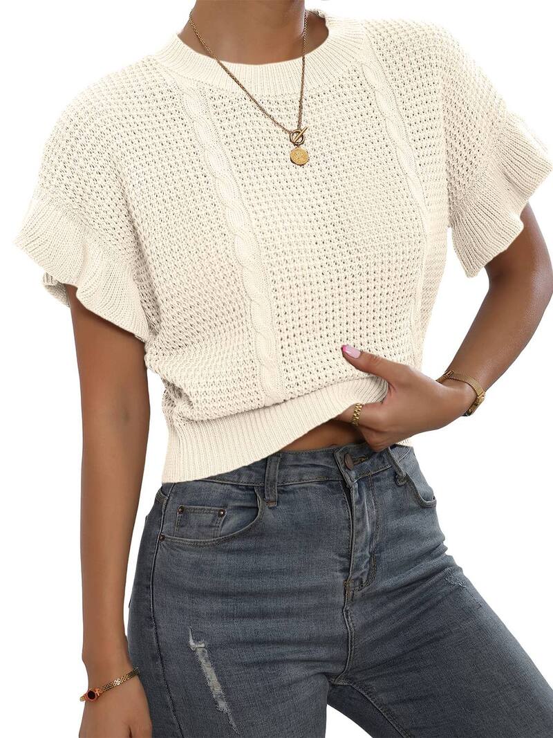 エリートチョイス レディース アウター ニット・セーター クルーネック フリル Elitechoice Women's Ruffled Short Sleeve Crewnecknit Pullover Sweater Beige ベージュ｜ReVida 店