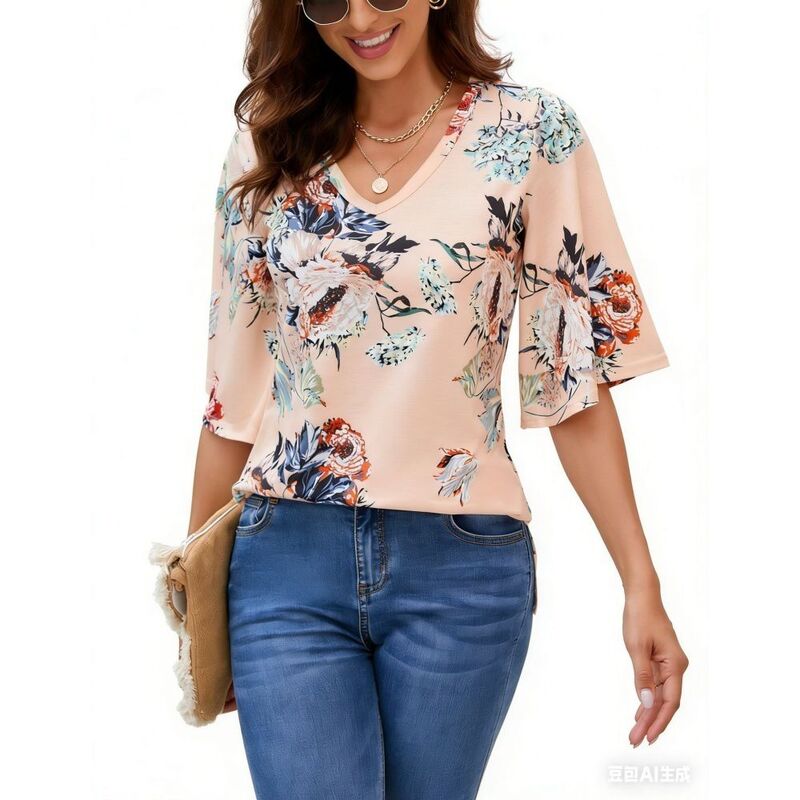 エリートチョイス レディース トップス シャツ Vネック ブラウス Elitechoice Women's Boho 3/4 Sleeve Blouse V Neck Casual Vacation Holiday Tops Apricot Flower アプリコット｜ReVida 店
