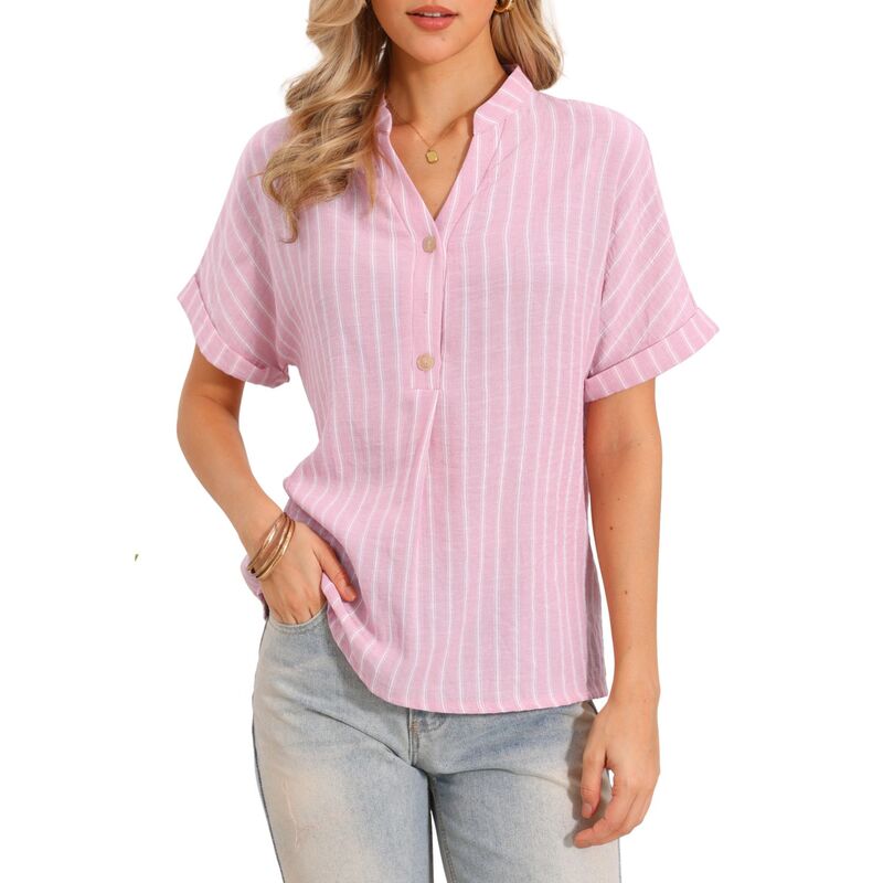 インスパイア シック レディース トップス シャツ Vネック ブラウス INSPIRE CHICasual Stripe Blouse for Women's V Neck Button Front Short Sleeve Top Light Pink ピンク｜ReVida 店